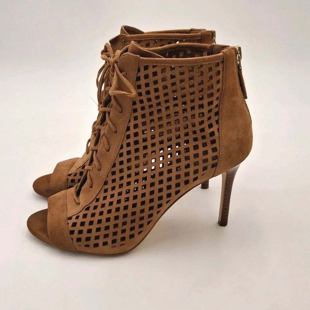 Rare Nine West Moustique Suede Sz 8M Women's Heeled Sandal Dark Natural Stiletto